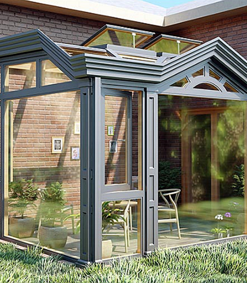 Double slope roofed sunroom